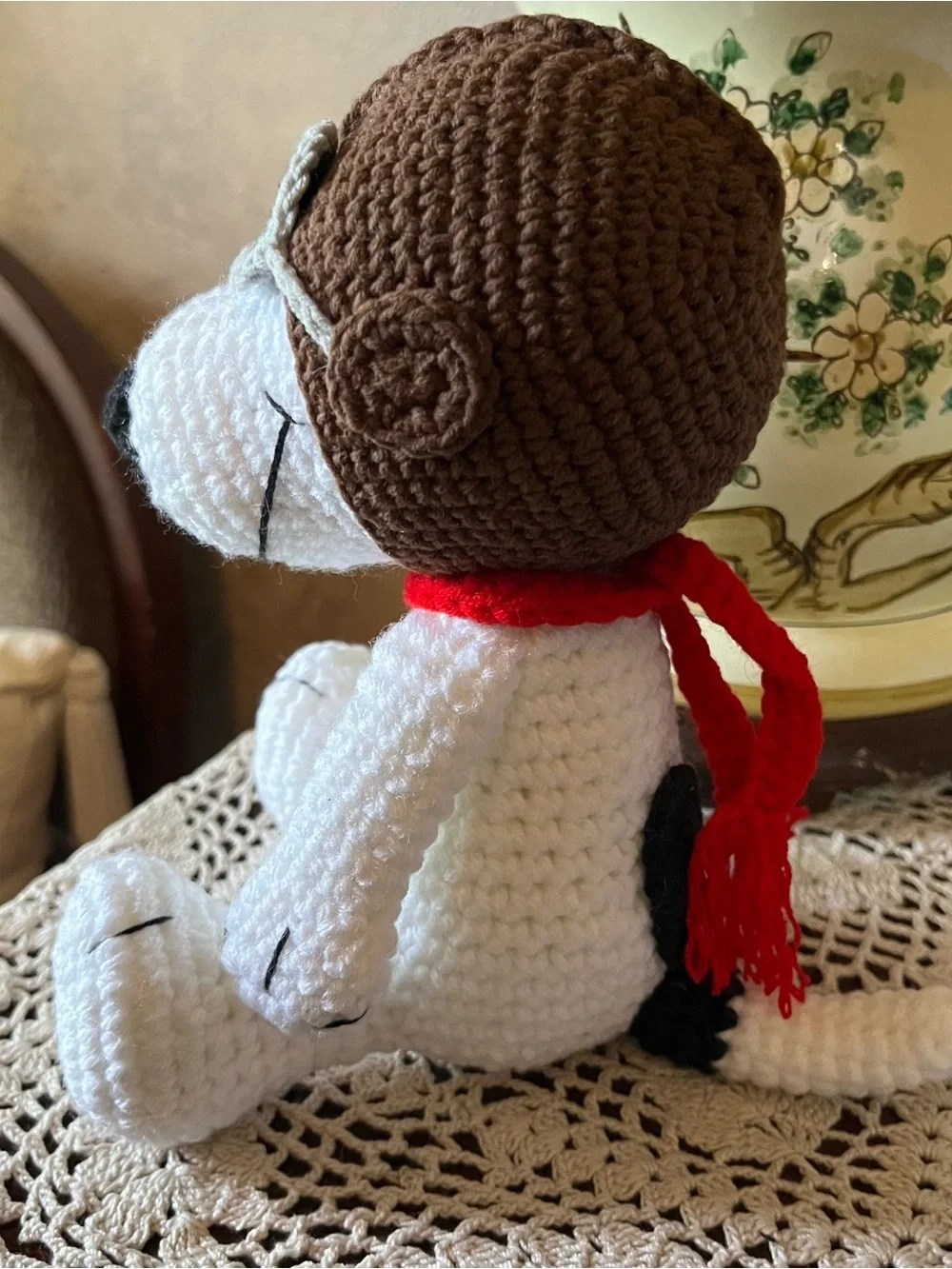Handmade White Crochet Dog Plush with Brown Aviator Hat